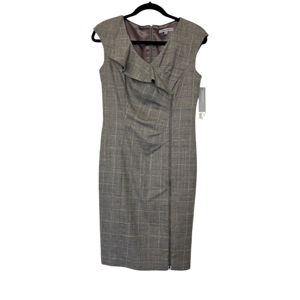 Classiques Entier Gray Plaid Midi Sheath Dress with V-Fold Detail